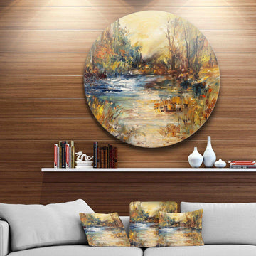 Stream in Forest Oil - Landscape Metal Circle Wall Art